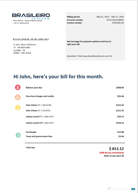 Download Brazil Braziliero Telecom business telecommunication bill Word and PDF template Photoshop template